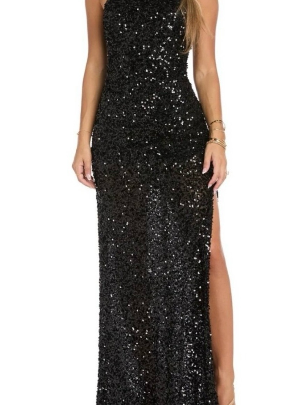 Morgan & Co. Black Sequin Halter Maxi Dress with Side Slit